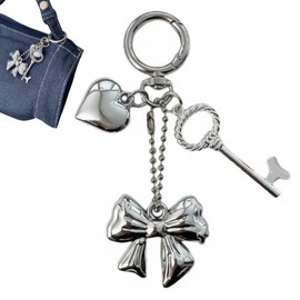 Wei Tech Bag Charm with Cute Charms - Viral Bag Charm or Key Ring with Bow, Heart & Beads in Silver & Gold, Charm Accessory for Women and Children, silver, Unit size