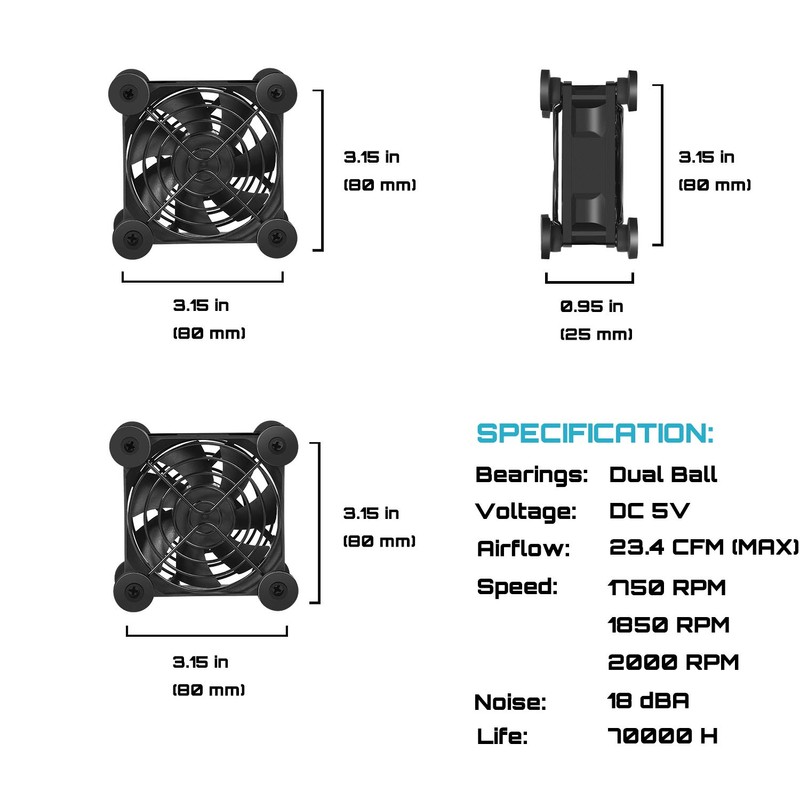 upHere PC Fan,80mm Silent USB Fan with 3 Adjustable Wind