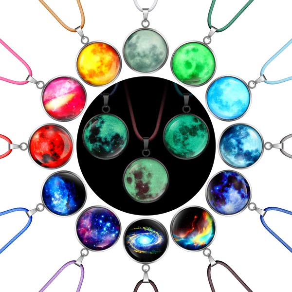 15 Pieces Galaxy Pendant Necklace Glass Universe Outer Space Necklace Glowing in The Dark Necklace for Costume Props Birthday Party Favors Halloween Goody Bag Fillers