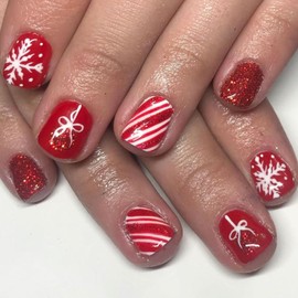 TBRZTR Christmas Red Press on Nails Short Square Snowflake False Nails With Red White Stripe and Glitter Powder Design Full Cover Glue on Xmas Bell Acrylic DIY Stick on for Women