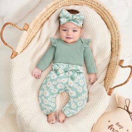 Geagodelia Newborn Baby Girl Spring Fall Outfit Clothes Long Sleeve Ribbed Romper Top Daisy Floral Trouser Headband Set (Green, 3-6 Months)
