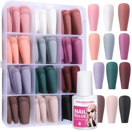 Matte Press On Nails Long Coffin, FANDAMEI 12 Color 240PCS Full Cover Long Ballerina Fake Nails, Acrylic False Nail Tips with 10g Nail Glue, 12 Solid Color False Nail for Women Girls Nail Art DIY