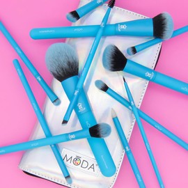 MODA Totally Electric Neon Blue Full Face Makeup Brush Kit – 13pc Vibrant Brush Set for Face & Eyes with Zip Case