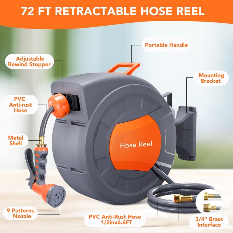 IDEALHOUSE Garden Hose Reel, 1/2 in x 72 ft Wall