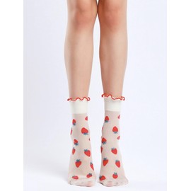 Verdusa Women's 2 Pairs Ruffle Socks Sheer Mesh Socks Thin Transparent Ankle Socks White Red 36-39
