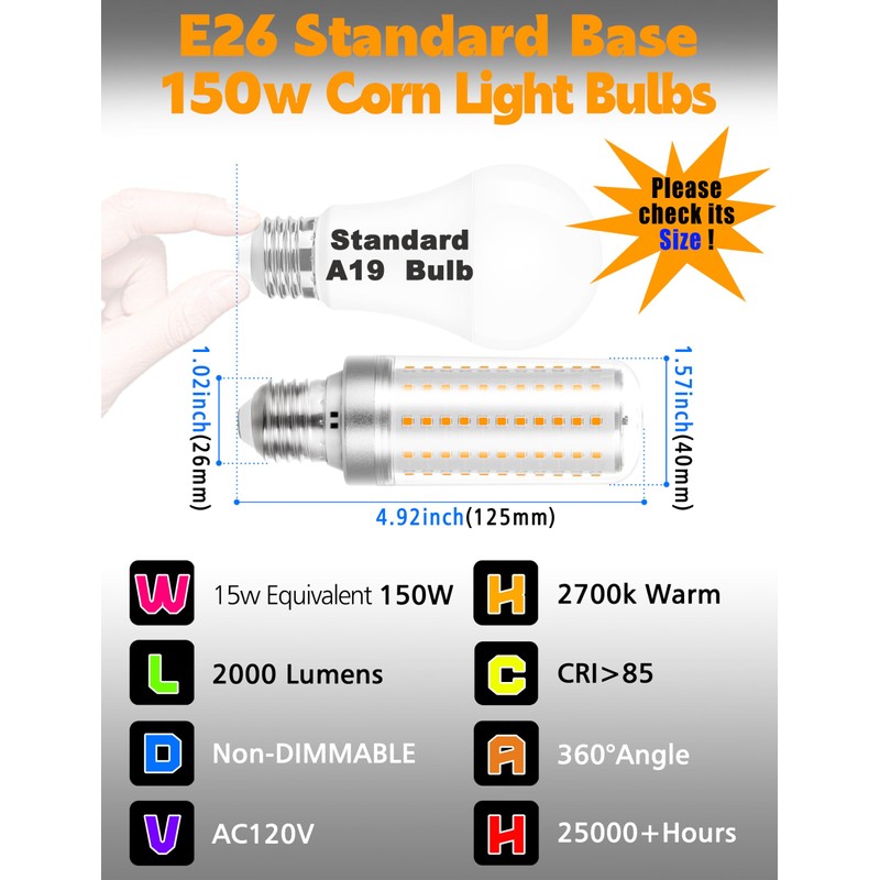 Xyanmc Big Size: 1.57x4.92 inchE26 150W Equivalent LED Candelabra Corn