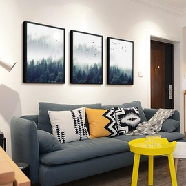 Black Framed Wall Art For Living Room Large Size Wall Decoration For Bedroom Foggy Forest Trees Landscape Painting Office Wall Decor Wall Pictures Artwork 20"X28" Home Decor 3 Piece Framed Art Prints