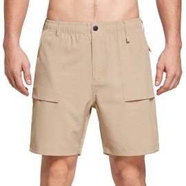 BALEAF Men's 7" Casual Shorts for Summer Elastic Waist Quick Dry Lightweight Short with Cargo Hiking Fishing Khaki Size L