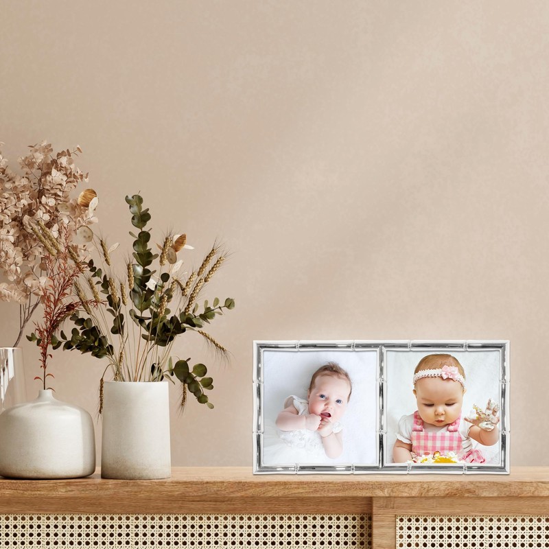 4x4 Double Silver Metal Picture Frame with Bamboo Design