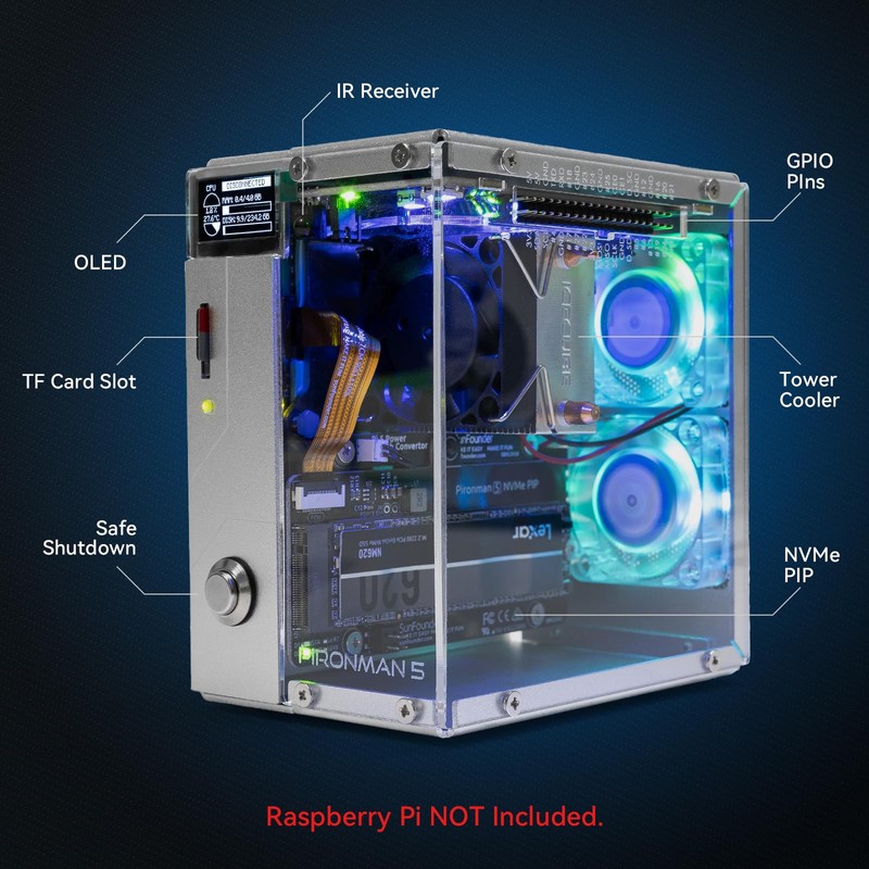 Pironman 5 NVMe M.2 SSD PCIe Mini PC Case for
