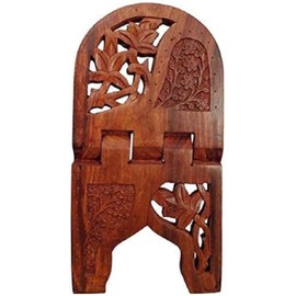 Rihal Rehal Handmade Wooden Quran Holder - Folding Book Reading Stand, Floral Design Curved Magazine Holder