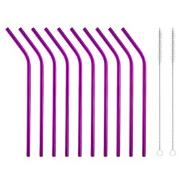 10 Pcs Stainless Steel Straws, Reusable Drinking Straws, Bent Metal Straw Sets with 2 Pcs Cleaning Brushes (Rose Red, 8.5 Inch)