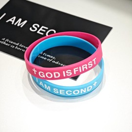 GOD IS FIRST BRACELET - Set of 2, I AM SECOND Motivational Message Religious Easter Gifts - Color: Bright pink Bright blue
