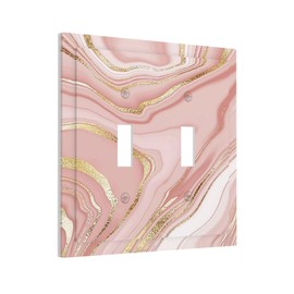 Pretty Rose Pink Golden Marble 2 Gang Double Toggle Outlet Light Switch Cover Wall Plate Electrical Faceplate Decorative Dual Device Switchplate