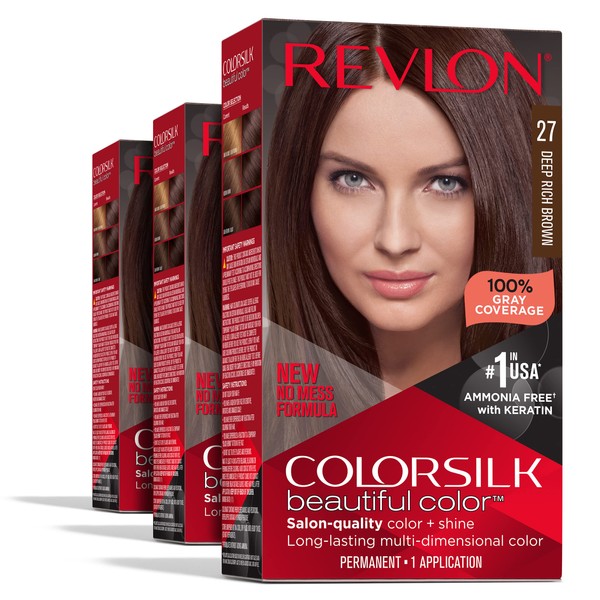 Permanent Hair Color by Revlon, Permanent Brown Hair Dye, Colorsilk with 100% Gray Coverage, Ammonia-Free, Keratin and Amino Acids, Brown Shades, 27 Deep Rich Brown (Pack of 3)