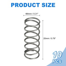 sourcing map 10Pcs Compression Spring, 8mm OD, 0.7mm Wire Size, 20mm Free Length, Spring Steel Construction Extended Mechanical Compression Springs for Shop and Home Repairs, Silver Tone