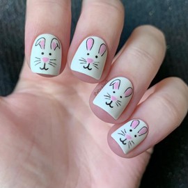 Easter Rabbit Press on Nails Full Cover False Nails Designs Short Square Shaped Fake Nails Cute White Bunny Easter Acrylic Nails Spring Stick on Nails for Women Nails Manicure Decoration 24 Pcs