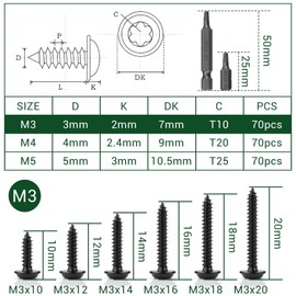 TXXATX M3 x 16 mm Rounded Head Screws Wood Pack of 70 Flat Head Screws Stainless Steel Black Tapping Screws Stainless Steel Wood Screws with Torx Drive A2 V2A Screws with 2 T10 Torx Bits for Table