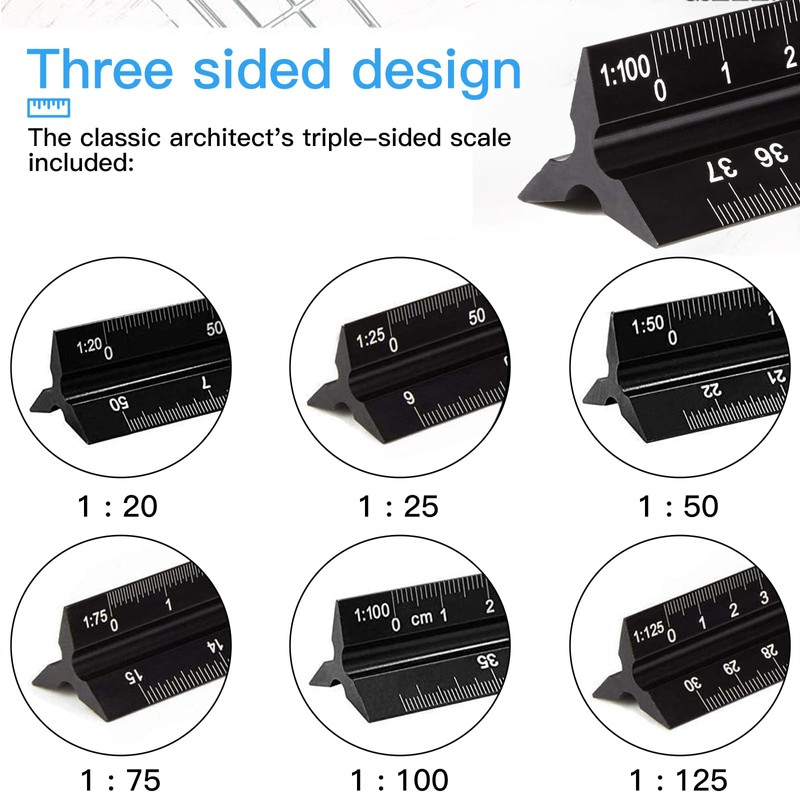 Binnan Triangular Scale, Ruler, 30 cm Length Architectural Ruler, 1:20,