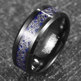 TUNGSTORY Celtic Tungsten Ring for Men 8mm Black Wedding Band Promise Ring Inlay Blue Carbon Fiber Beveled Edge Size Q