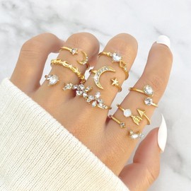 HUASAI Gold Rings for Women Non Tarnish Gold Stackable Rings for Women Pearl Leaf Rings Set Cubic Zirconia Heart Butterfly Rings Midi Pinky Thumb Rings Set Gifts Trendy Stuff Stocking Stuffers