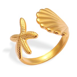 Jean Beau Gold Starfish Shell Rings for Women, Trendy Statement Seashell Ocean Series Adjustable Ring Fashion Summer Beach Prom Jewelry Gift