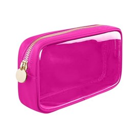 Small Nylon PVC Cosmetic Travel Bag Mini Clear Makeup Bag Waterproof Toiletry Storage Clutch Coin Zipper Pouch Beauty Skincare Bag for Women Girls Hot Pink