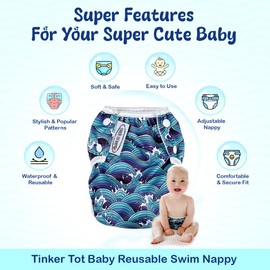 Tinker Tot Baby Reusable Swim Nappy - Small & Large Swim Nappies; Adjustable, Washable; Child, Toddler and Baby