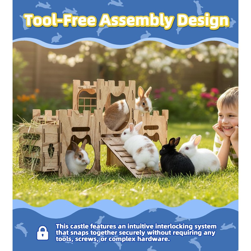 LEXASTLE Larger Bunny Castle Sturdy Walnut Color Wooden Rabbit Hideout