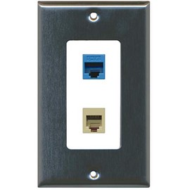 RiteAV - 1 Port Phone Beige 1 Port Cat6 Ethernet Blue Decorative Wall Plate - Stainless Steel/White - Bracket Included