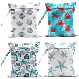 zcyxuuw 4Pcs Waterproof Wet Bag for Swimsuit, Travel Beach Wet Dry Bag, Hidden Zipper Reusable Shell Starfish Crab Decor, for Travel Beach Wet Swimsuits Toiletries Diapers Laundry Bag