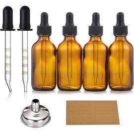 4 Pack 2 oz Dropper Bottles with 1 Funnel and 4 Labels 60ml Thick Dark Amber Glass Tincture Bottles with Eye Droppers Leakproof Essential Oils Bottles - Color: with 2 Graduated Droppers