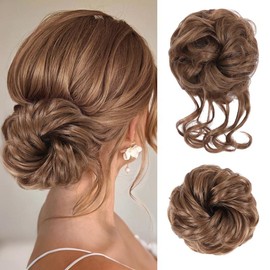 Vigorous Messy Bun Hair Piece for Women - 2PCS Synthetic Hair Pieces with Tousled Updo Hair Buns & Wavy Curly Texture Scrunchies Chignon Ponytail  - Easy to Wear & Versatile for Daily Use:_12# Liqht Golden Brown