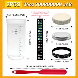 Bowasin Sourdough Starter Jar Glass 2 Pack 34OZ Sourdough Starter Kit Sourdough Jar,Sour Dough Starter Jars with Marked Feeding Band,Scraper, Cloth Cover and aluminum Lid,Large Wide Mouth Jars