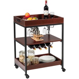 BANGTANE 3-Tier Kitchen Island Serving Cart, Bar Service Cart w/3 Shelves, Glasses Holder, Wine Rack, Rolling Trolley Cart w/Handle, Industrial Utility Cart on Wheels for Home, Restaurant, Brown