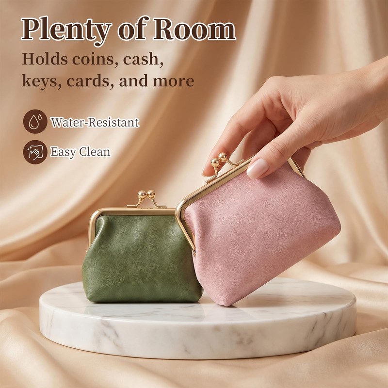 OPLCFO 2PCS Vintage Coin Purse with Kiss Lock, PU Leather