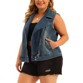 Agnes Orinda Plus Size Denim Vest for Women 2024 Zipper Sleeveless Jackets Motorcycle Washed Jean Vest Jacket 1X Blue
