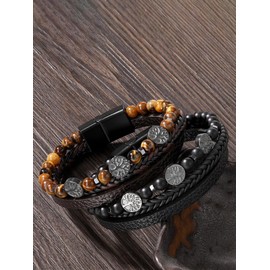 BOPREINA Life Tree Leather Bracelet for Men Multi-Layer Braided Natural Stone Tiger Eye Black Agate Beads Cuff Wristband Anniversary Birthday Christmas Jewelry Gifts for Him