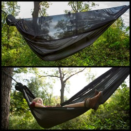 Go Outfitters Go Camping Hammock 2.0 w/Built-in Mosquito Net: 11' Long X 64" Wide |includes 2 Premium Aluminum Carabiners, Rapid Deployment Bag, 4 Stakes and 4 Shock Cords (Black)