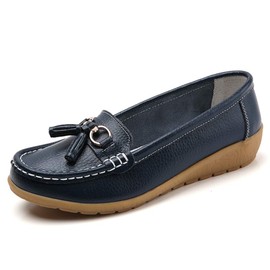 Mocasines de piel para mujer, suela de goma, zapatos planos para caminar, mocasines casuales, A-dk-blue, 9 US