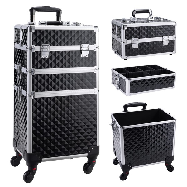 FRENESSA 3 in 1 Rolling Makeup Train Case Professional Cosmetic Trolley Large Storage with Keys Swivel Wheels Salon Barber Case Traveling Cart Trunk for Make Up Hairstylists Nail Tech, Vintage Black
