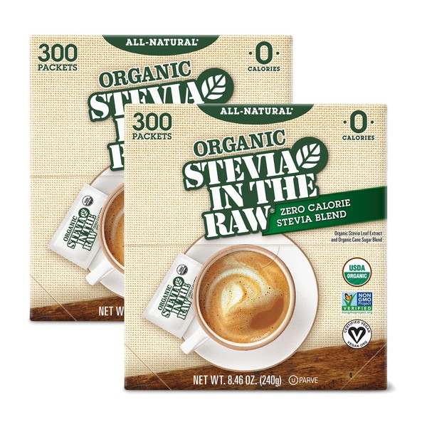 Organic Stevia In The Raw, Plant Based Zero Calorie Natural Sweetener, No Added Flavors or erythritol, Sugar Substitute, Sweetener for Coffee, Hot & Cold Drinks, Non-GMO, Vegan, Gluten-Free, 300 Count Packets (Pack of 2)