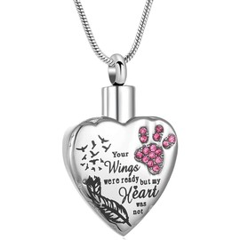 memorial jewelry Your Wings Were Ready But My Heart Was Not Stainless Steel Carved Locket Cremation Urn Necklace for Pet Dog Cat, Stainless Steel, No Gemstone