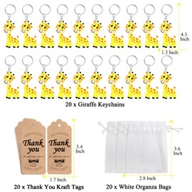 KeeStar 60 Pack Keyring Party Favor Packs with 20 Giraffe Keyrings, 20 Thank You Tags and 20 Souvenir Bags for Forest Wild Themed Party, Baby Shower, Animal Lover, Birthday, School Carnival Rewards