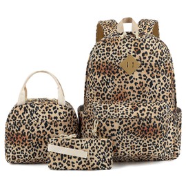 Lreneilu Corduroy School Backpacks for Girls Boys kids, 3in1 Bookbag Set School Bags with Lunch Box and Pencil Case Laptop Bag Travel Daypack for Elementary Middle High School (Leopard Brown)