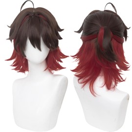 Gaming Cosplay Wig for Genshin Impact, Red mix Black Short Hair Wig Anime Straight Hair Costume Wig with Bangs