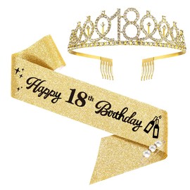 18th Birthday Tiara, Happy 18th Birthday Crown Sash Set, 18th Birthday Decoration for 18th Birthday Girls, Happy 18th Birthday Gift, Party Supplies (Gold)