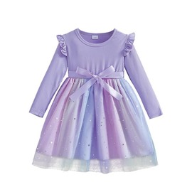 UPlee Toddler Girls Tulle Dress Winter Ruffle Long Sleeve Baby Girl Fashion Casual Tutu Dresses for Party School, Purple Galaxy, 2-3T