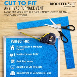BIODEFENSOR Reusable Air Filter 20x30x1 - Made in USA - MERV 6 Cut to Size to Fit Most Air Conditioning, HVAC & Furnace Vents - Washable Replacement AC Filter, Includes Prep Pads & Hook Tape, 1-Pack