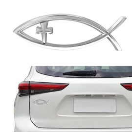 HQRNYP Christian Cross Fish Auto Emblem, Jesus Fish Car Emblem, Weatherproof Christian Symbol Ichthus Cross Decal, Chrome Sliver Badge Bumper Stickers Car Accessories Fit for Most Vehicles (Silver)